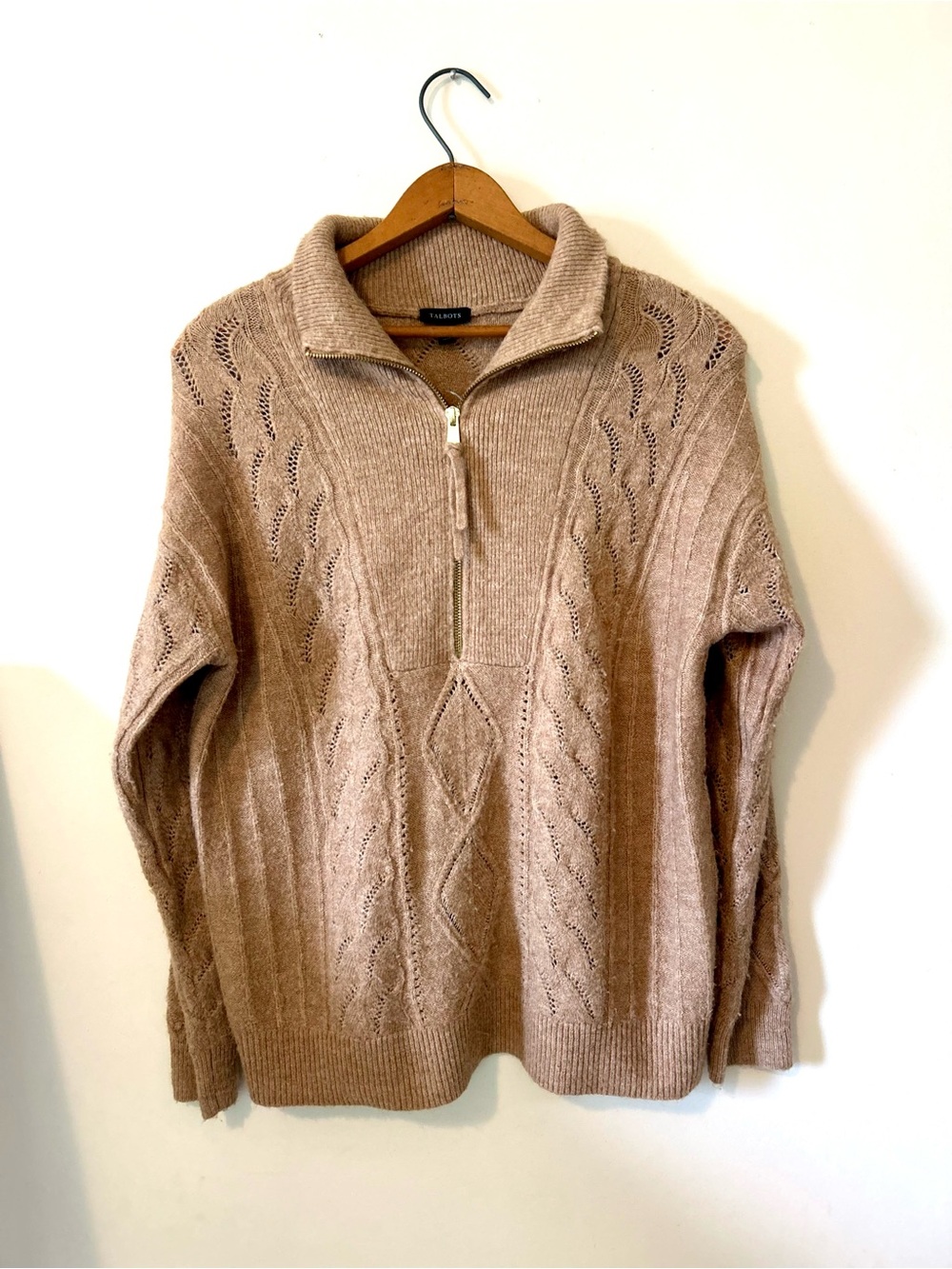 Talbots Cable Knit Pointelle Quarter Zip Sweater S Soft Girl Camel Pullover Cozy